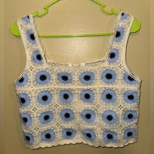 NWT Rebellion Again Small Blue Cream Crocheted Granny Square Cropped Tank Top